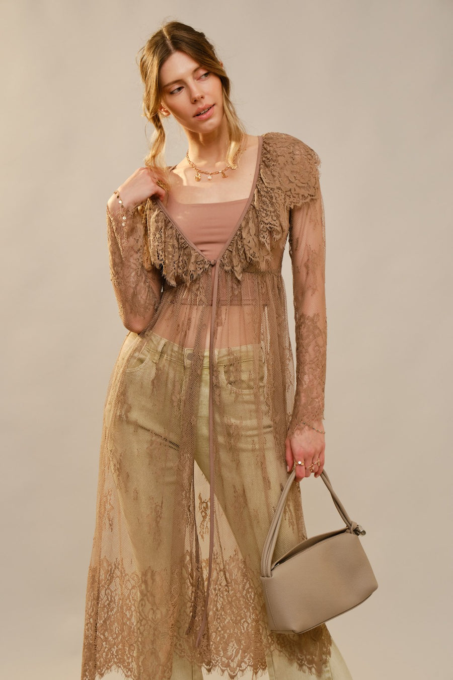 Audrey Long Sleeve Sheer Lace Long Trench Top