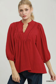 Inspi(RED) Puff Sleeve Scallop Lace Pintuck Top