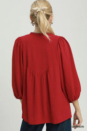 Inspi(RED) Puff Sleeve Scallop Lace Pintuck Top