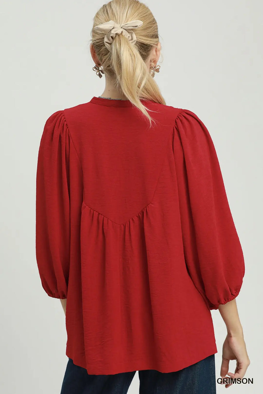 Inspi(RED) Puff Sleeve Scallop Lace Pintuck Top