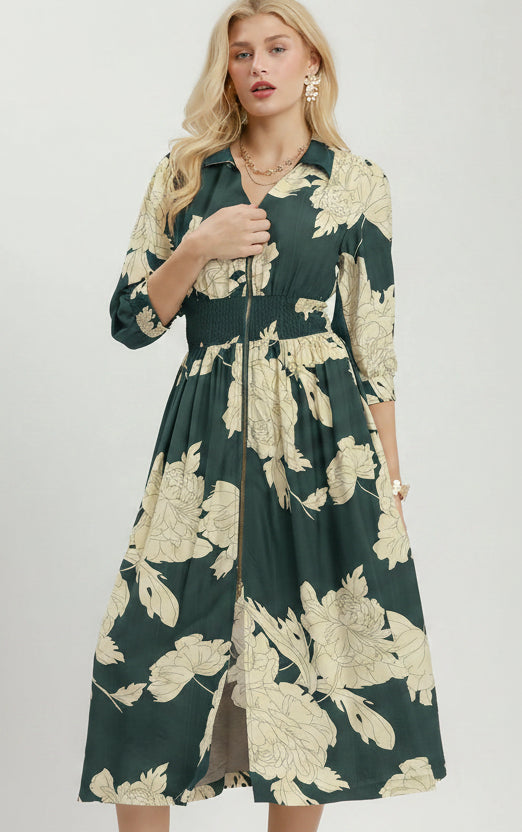 Peony Paradise Floral Print Smocked Waist Zip Front Midi Dress