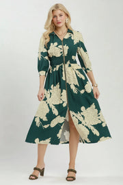 Peony Paradise Floral Print Smocked Waist Zip Front Midi Dress