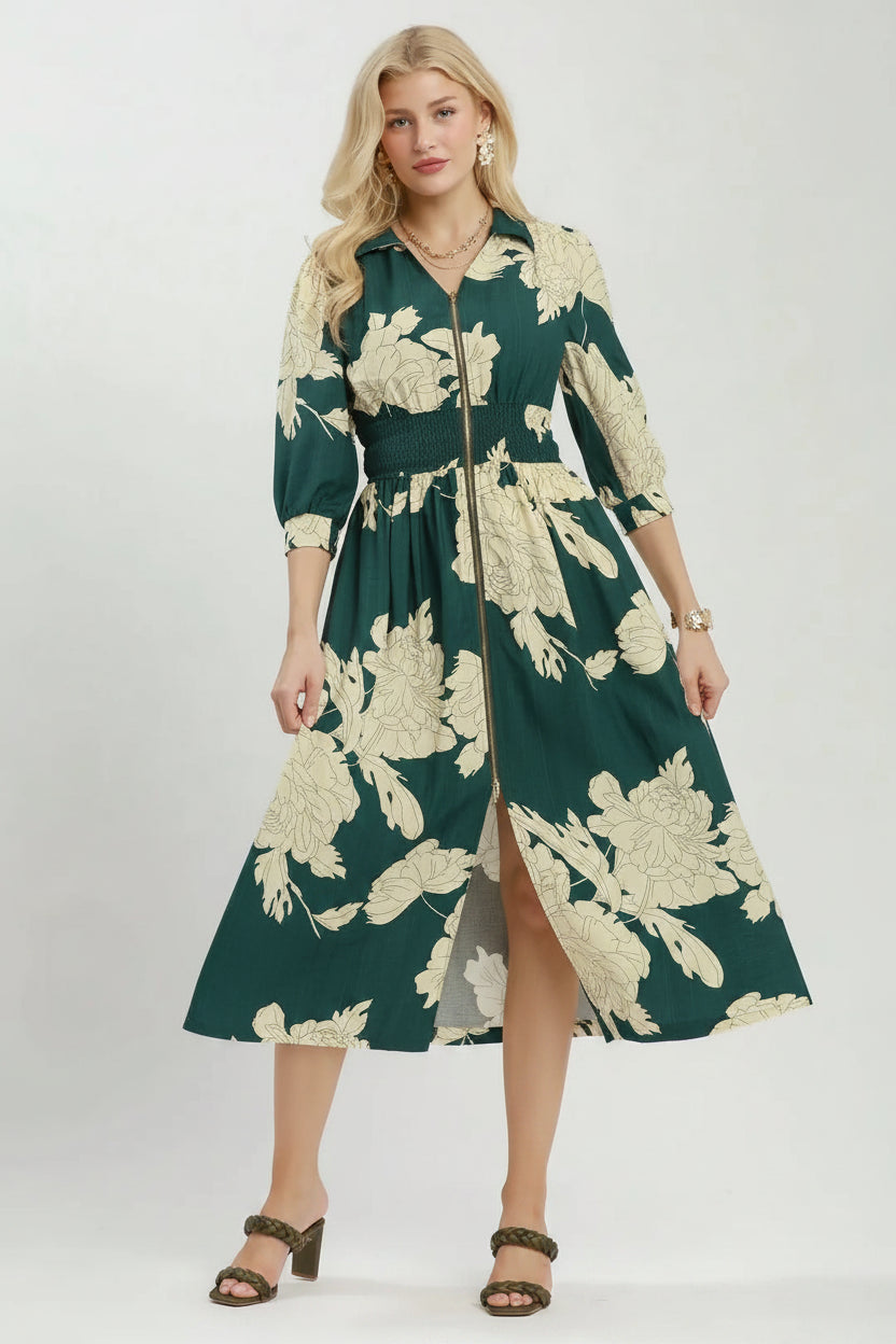 Peony Paradise Floral Print Smocked Waist Zip Front Midi Dress