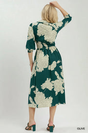 Peony Paradise Floral Print Smocked Waist Zip Front Midi Dress