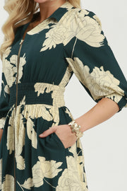 Peony Paradise Floral Print Smocked Waist Zip Front Midi Dress