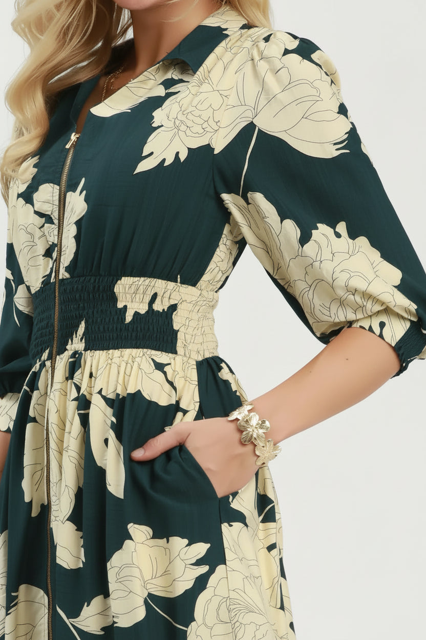 Peony Paradise Floral Print Smocked Waist Zip Front Midi Dress