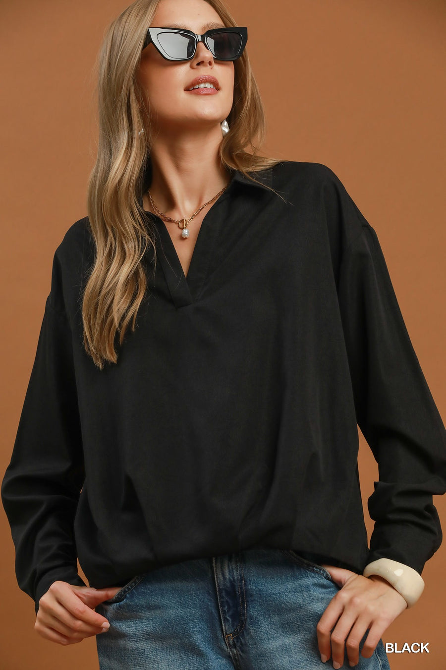 Kristen Collared Long Sleeve Front Balloon Hem Blouse