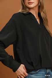 Kristen Collared Long Sleeve Front Balloon Hem Blouse