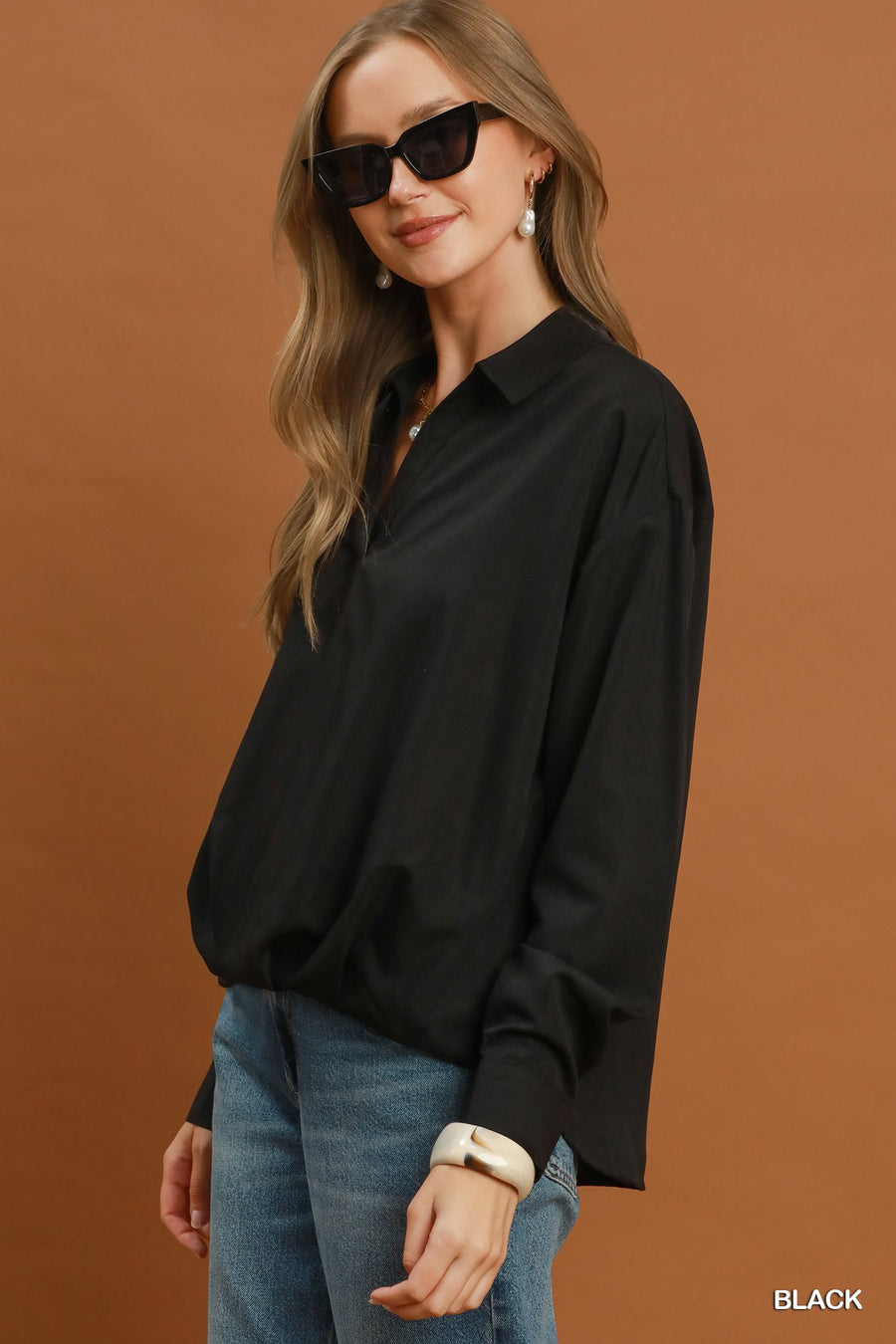 Kristen Collared Long Sleeve Front Balloon Hem Blouse
