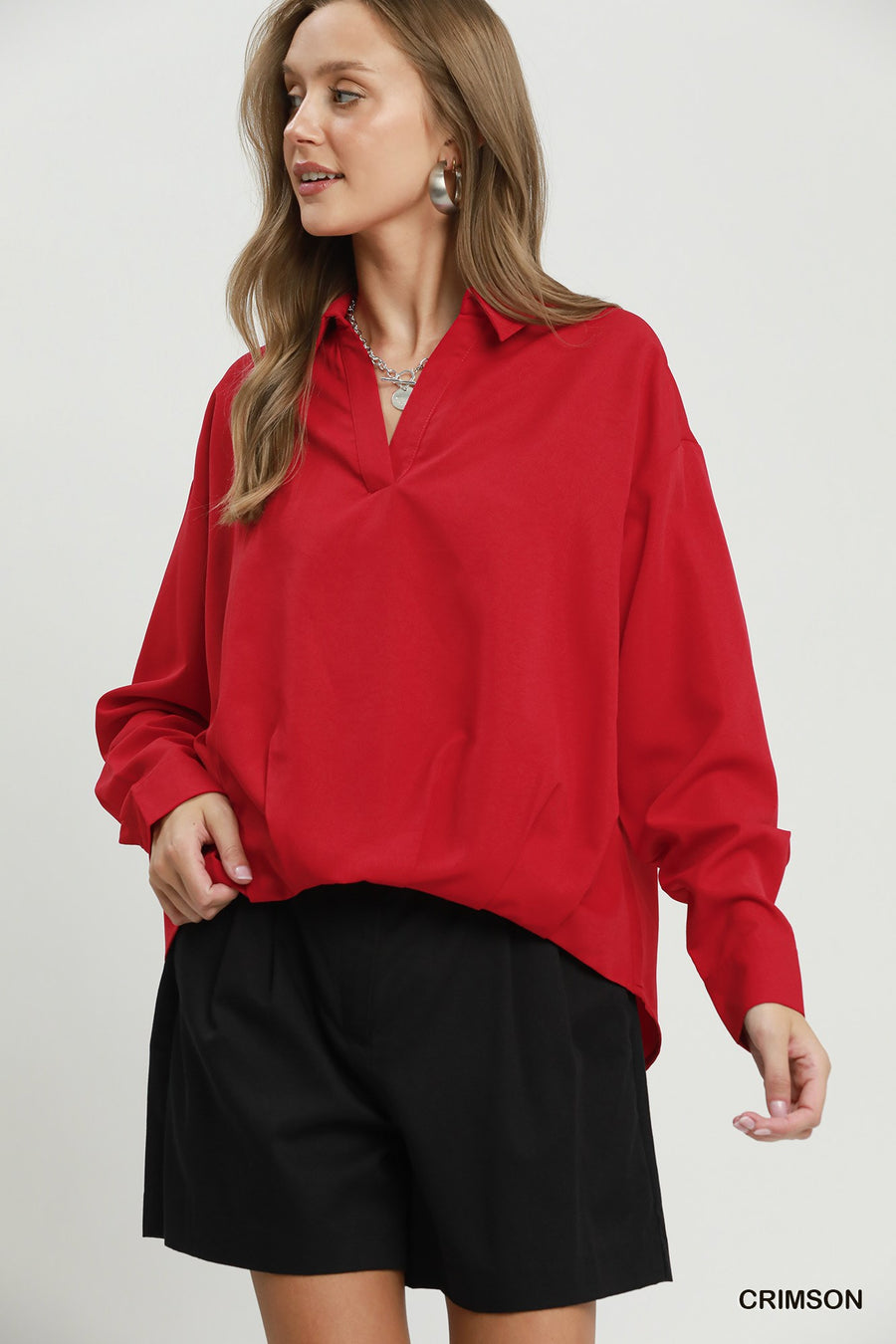 Kristen Collared Long Sleeve Front Balloon Hem Blouse