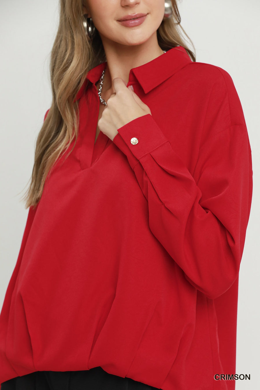 Kristen Collared Long Sleeve Front Balloon Hem Blouse