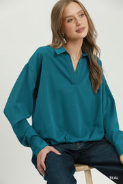 Kristen Collared Long Sleeve Front Balloon Hem Blouse