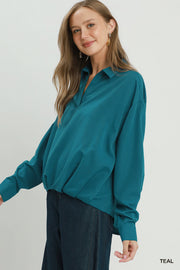 Kristen Collared Long Sleeve Front Balloon Hem Blouse