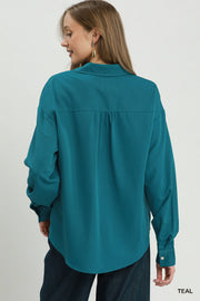 Kristen Collared Long Sleeve Front Balloon Hem Blouse