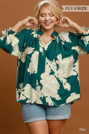 Peony Paradise Scalloped Puff Sleeve V-Neck Peony Print Blouse Top