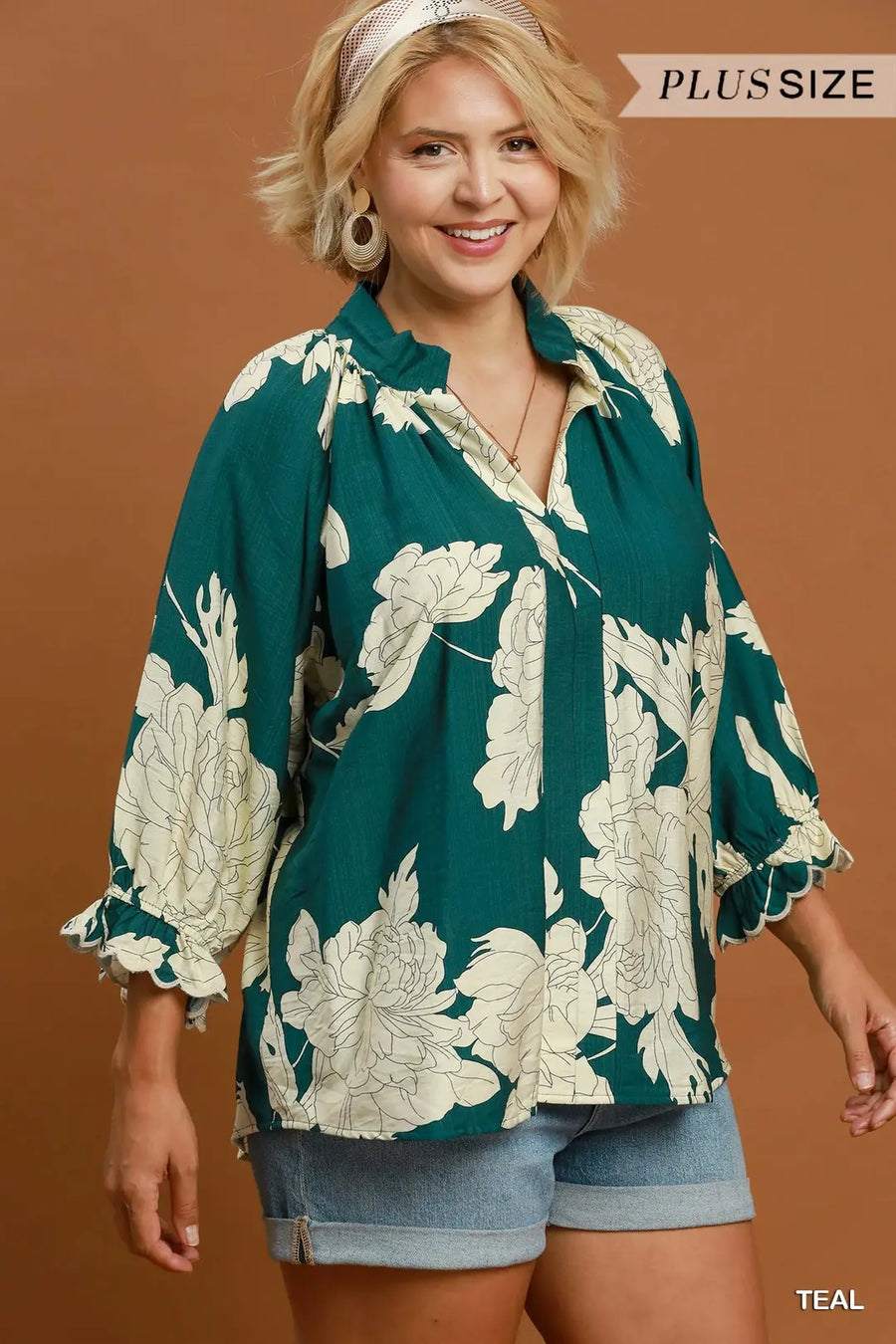 Peony Paradise Scalloped Puff Sleeve V-Neck Peony Print Blouse Top