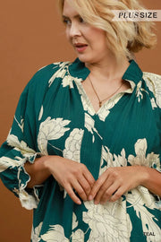 Peony Paradise Scalloped Puff Sleeve V-Neck Peony Print Blouse Top