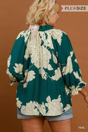 Peony Paradise Scalloped Puff Sleeve V-Neck Peony Print Blouse Top
