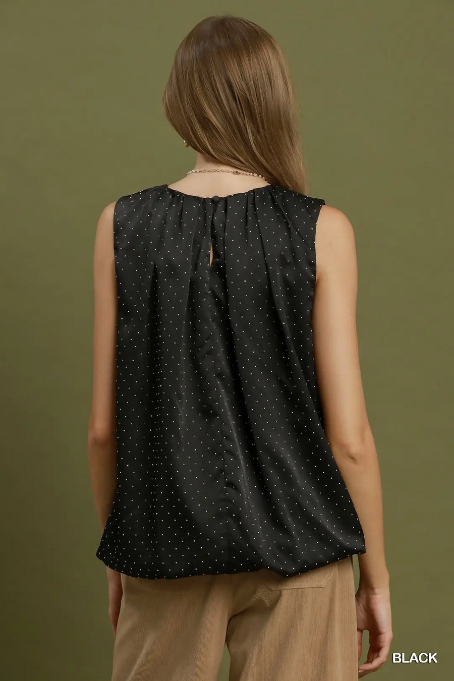 Sparkle Satin Dot Stone Sleeveless Bubble Blouse Top