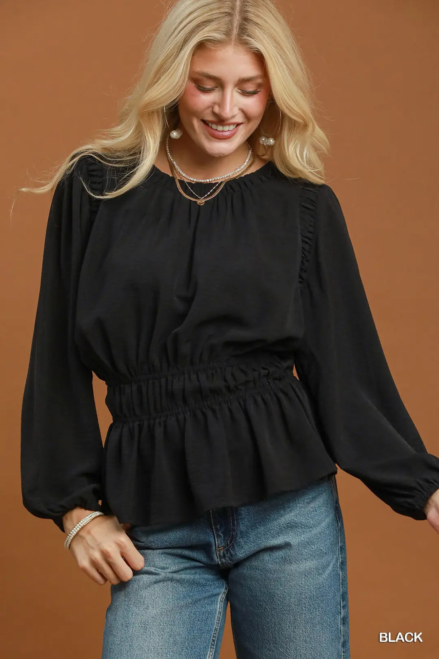 Lona Ruffle Trim Long Sleeve Peplum Top