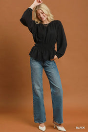 Lona Ruffle Trim Long Sleeve Peplum Top