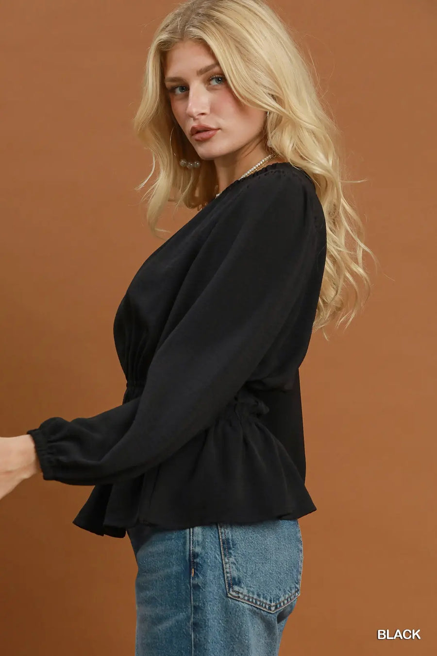 Lona Ruffle Trim Long Sleeve Peplum Top