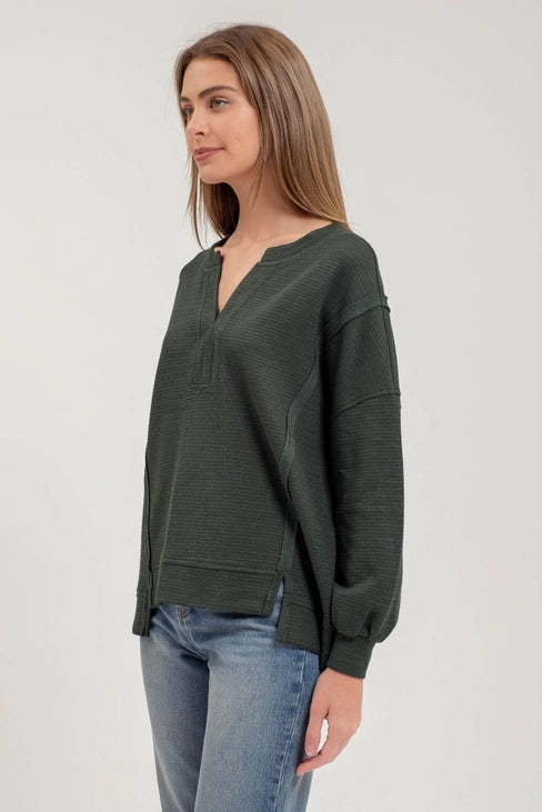 Truvy Split Neck Exposed Seam Long Sleeve Sweater Knit Top