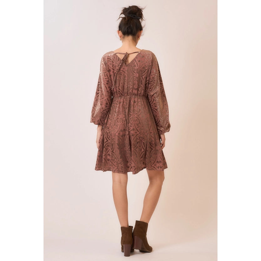 Dutchess Damask Pattern Burnout Velvet Long Sleeve Mini Dress