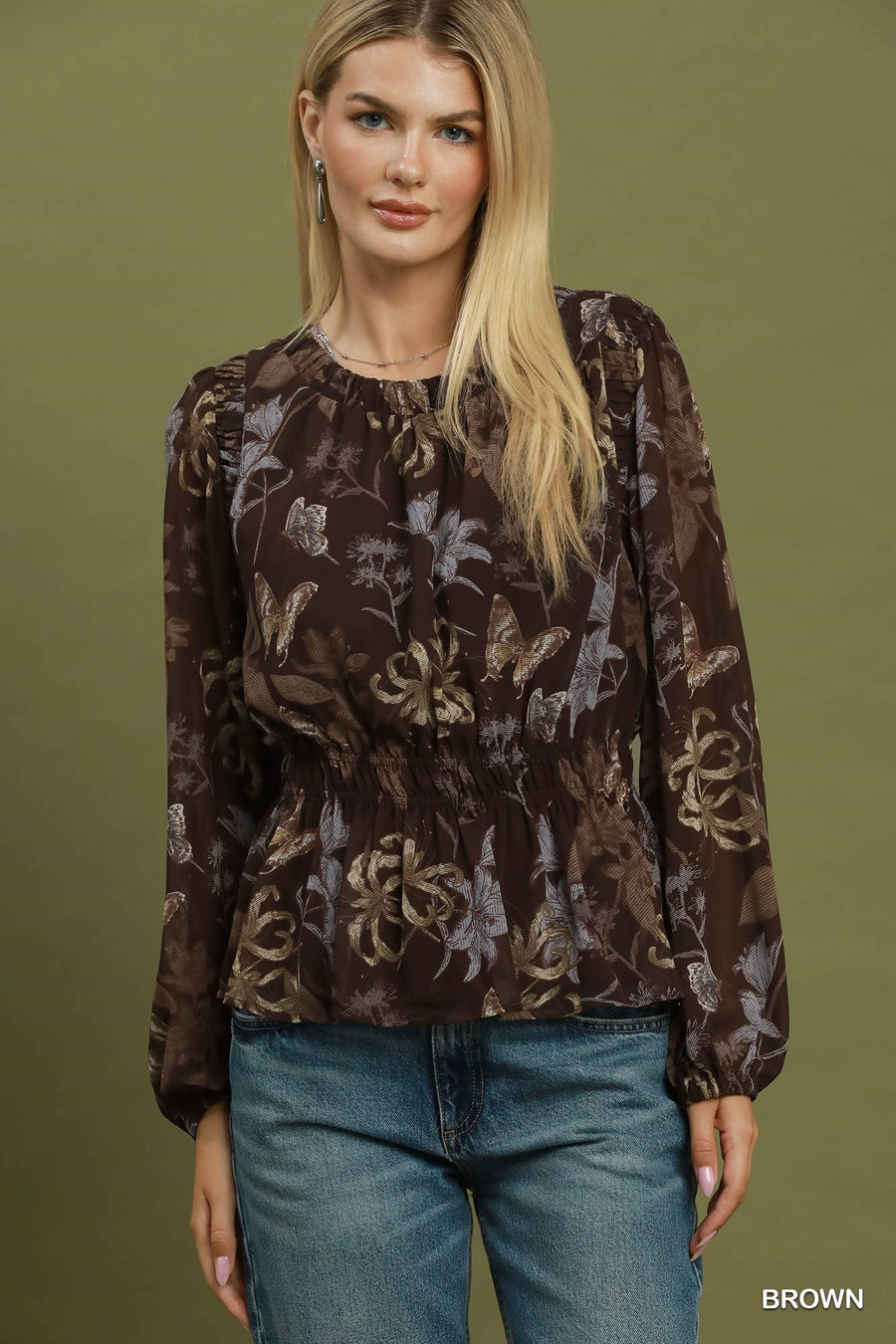 Lina Ruffle Trim Sheer Long Sleeve Peplum Top