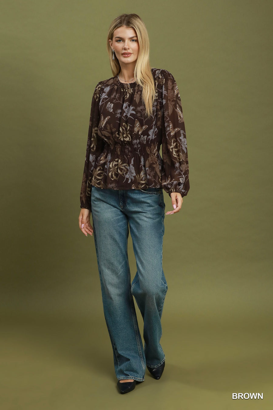 Lina Ruffle Trim Sheer Long Sleeve Peplum Top