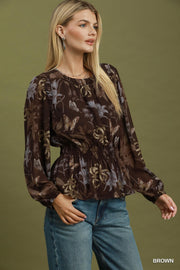 Lina Ruffle Trim Sheer Long Sleeve Peplum Top