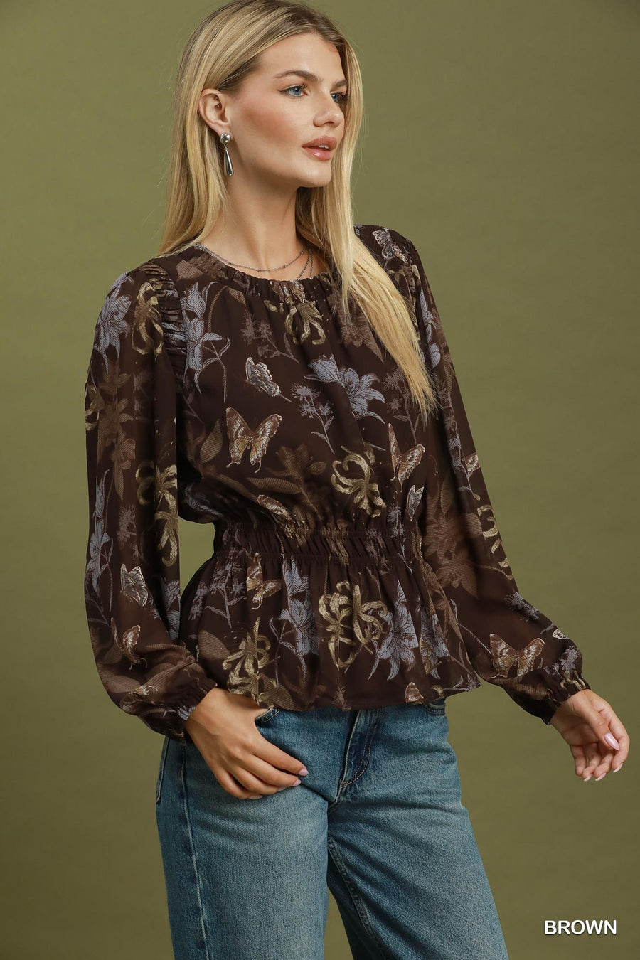 Lina Ruffle Trim Sheer Long Sleeve Peplum Top