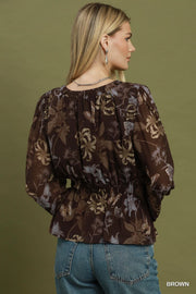 Lina Ruffle Trim Sheer Long Sleeve Peplum Top