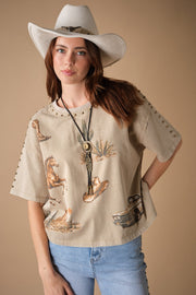 "How ‘Bout Them Cowgirls" Studded Western Graphic Tee