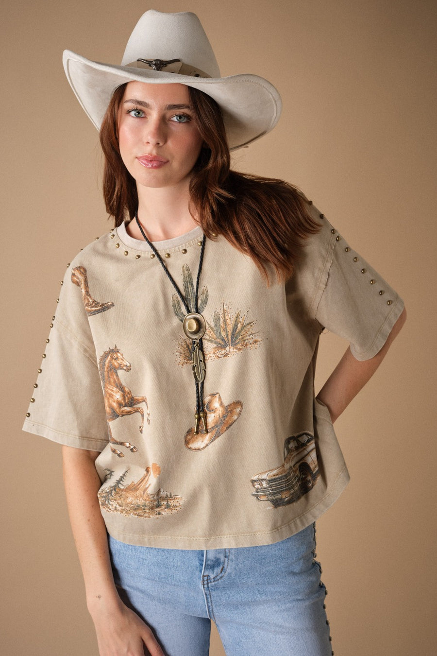 "How ‘Bout Them Cowgirls" Studded Western Graphic Tee