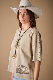 "How ‘Bout Them Cowgirls" Studded Western Graphic Tee