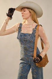 Hold Your Horses Western Embroidered & Studded Denim Overall Jumpsuit
