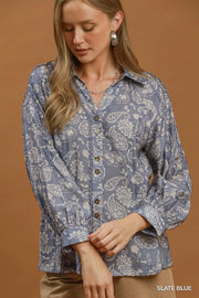 Becky Paisley Print Button Front Peplum Blouse Top