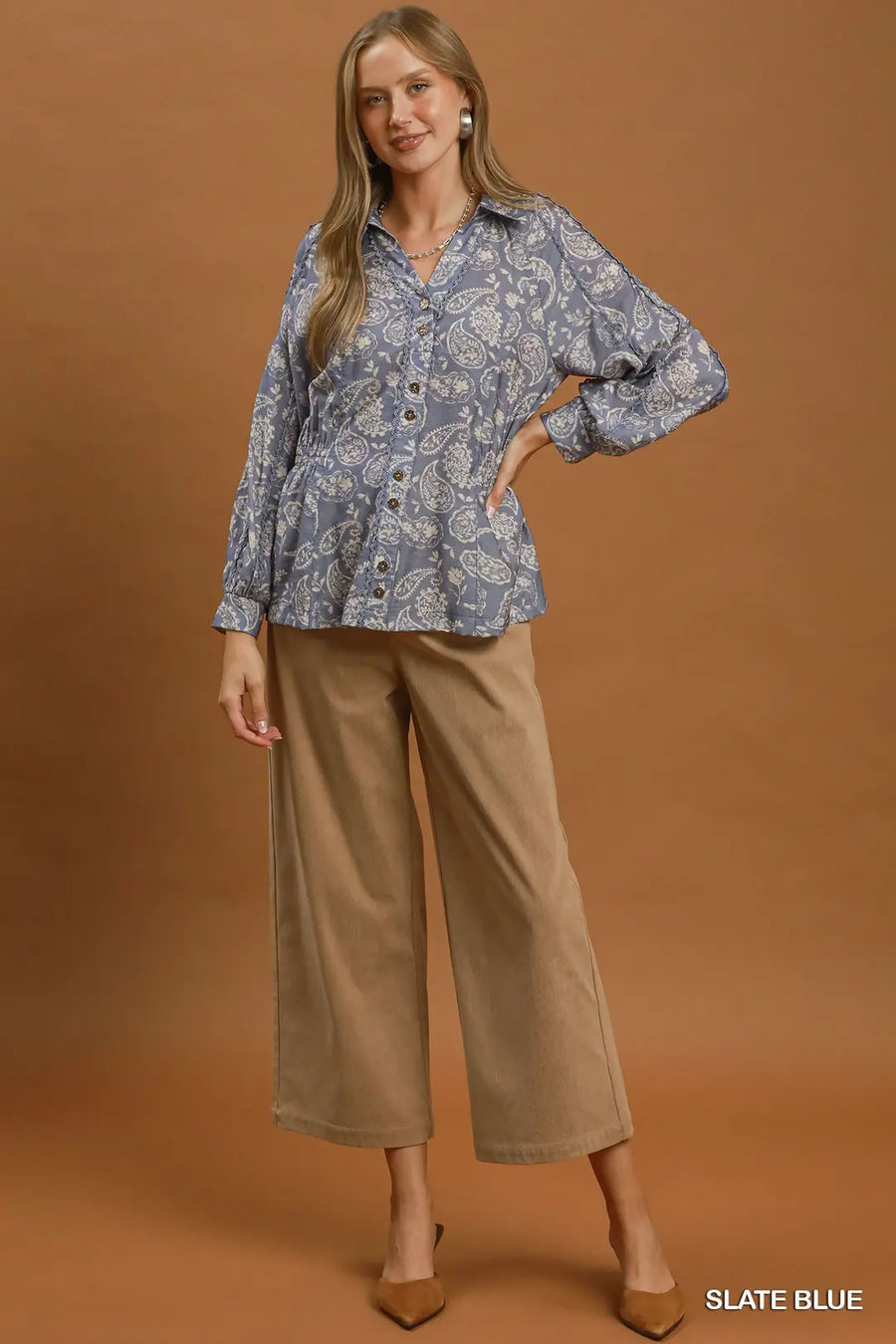 Becky Paisley Print Button Front Peplum Blouse Top
