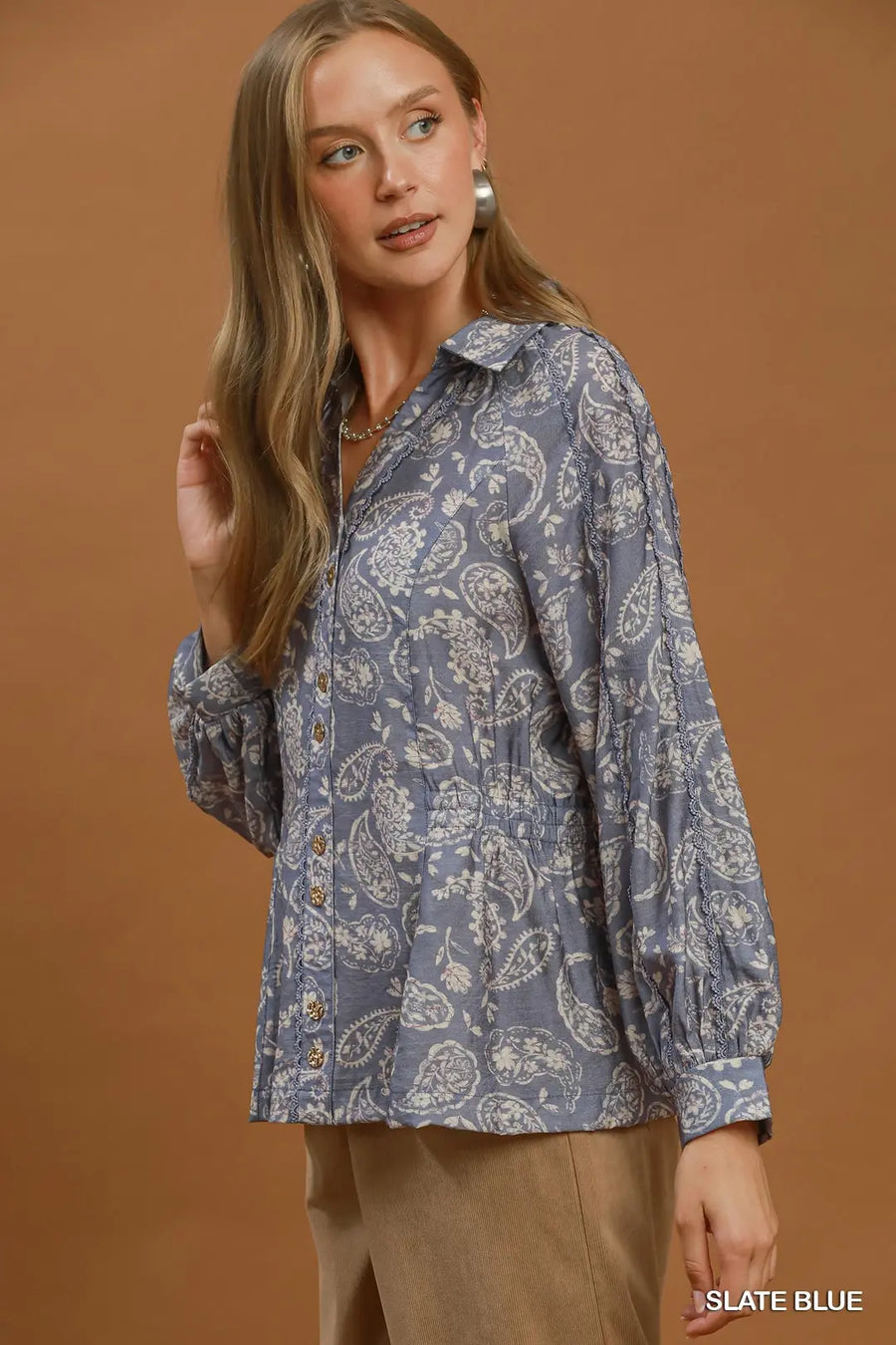 Becky Paisley Print Button Front Peplum Blouse Top