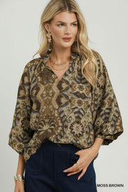 Marrakech Puff Sleeve V-Neck Abstract Print Blouse Top