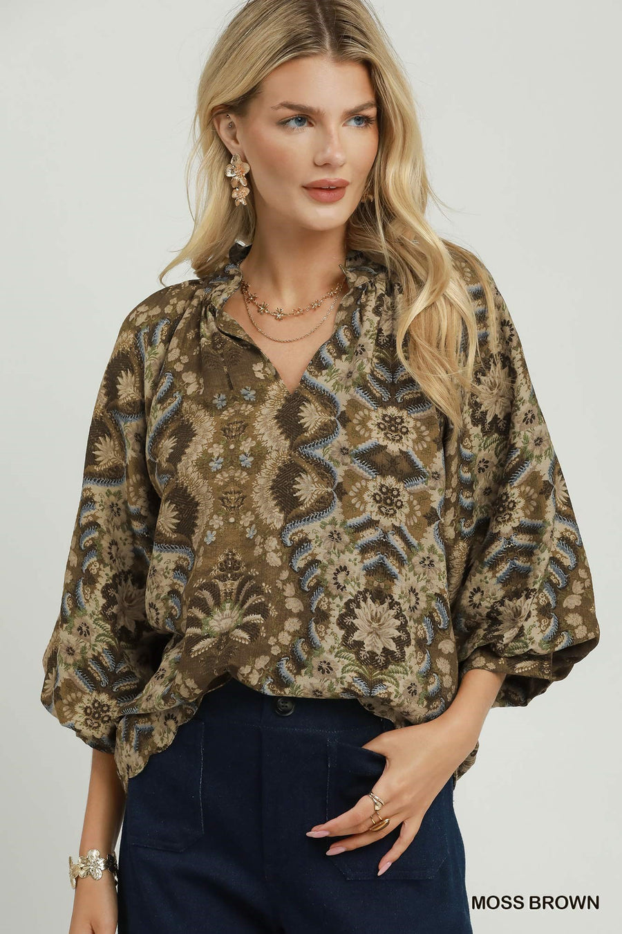 Marrakech Puff Sleeve V-Neck Abstract Print Blouse Top