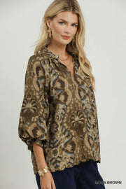 Marrakech Puff Sleeve V-Neck Abstract Print Blouse Top