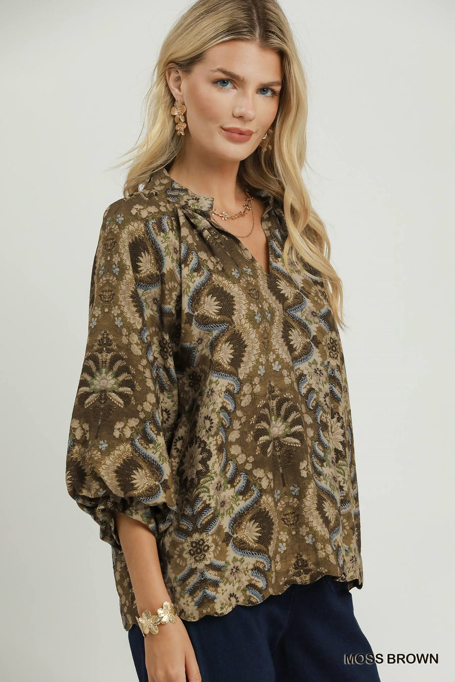 Marrakech Puff Sleeve V-Neck Abstract Print Blouse Top