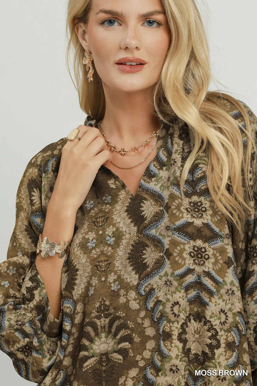 Marrakech Puff Sleeve V-Neck Abstract Print Blouse Top