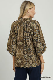 Marrakech Puff Sleeve V-Neck Abstract Print Blouse Top