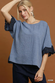 Darla Lace Trim Dolman Sleeve Denim Top