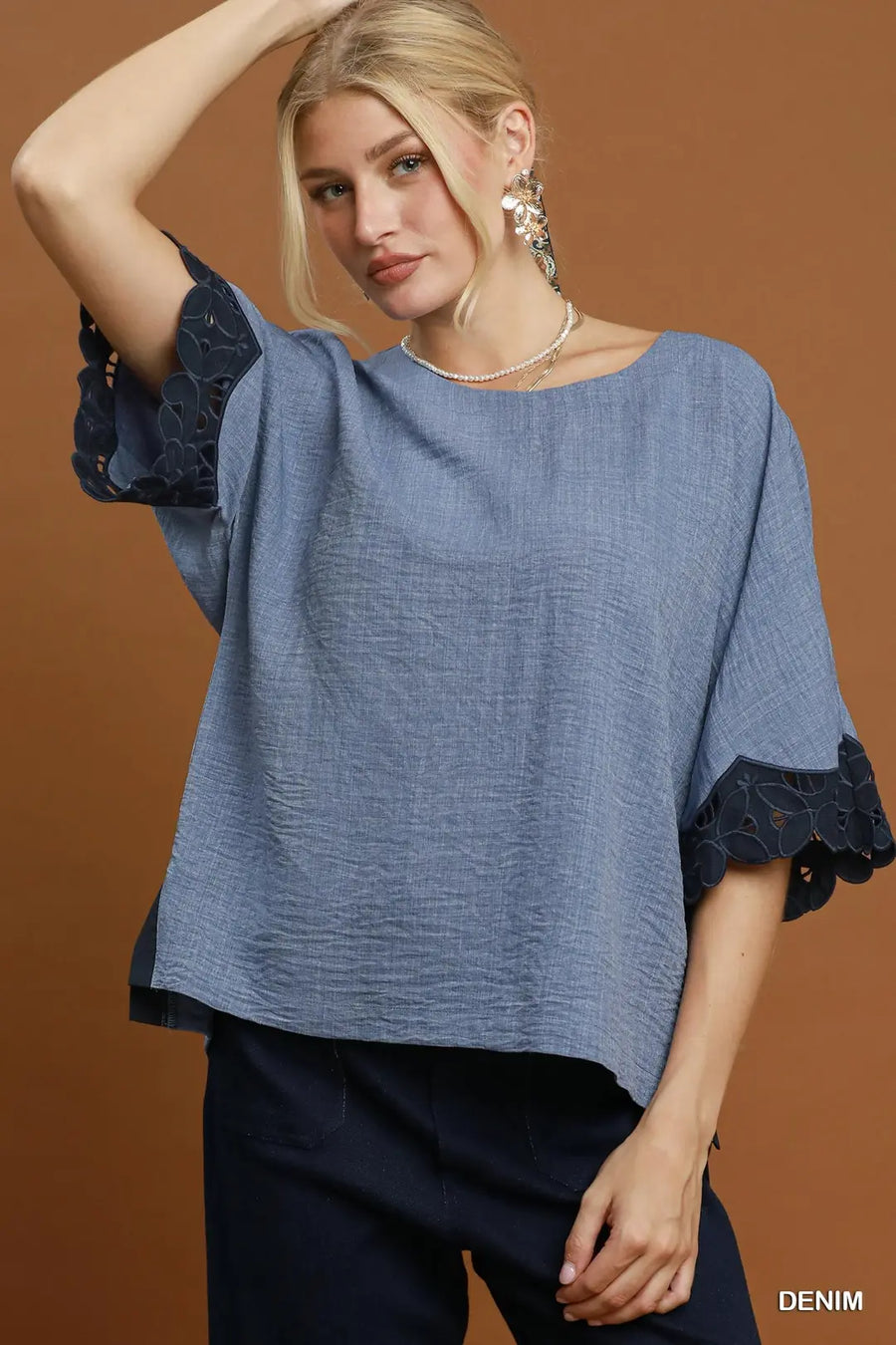 Darla Lace Trim Dolman Sleeve Denim Top