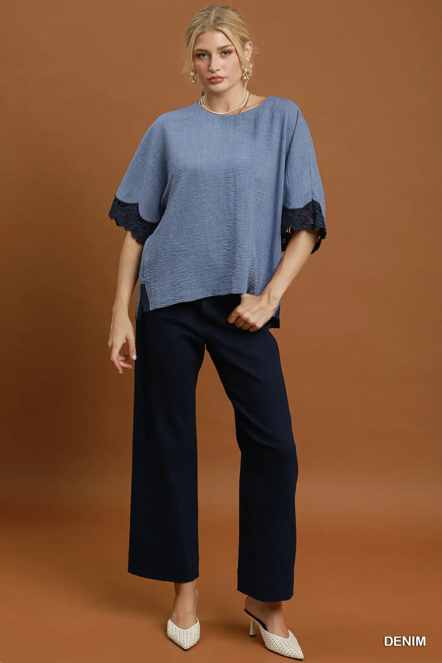 Darla Lace Trim Dolman Sleeve Denim Top