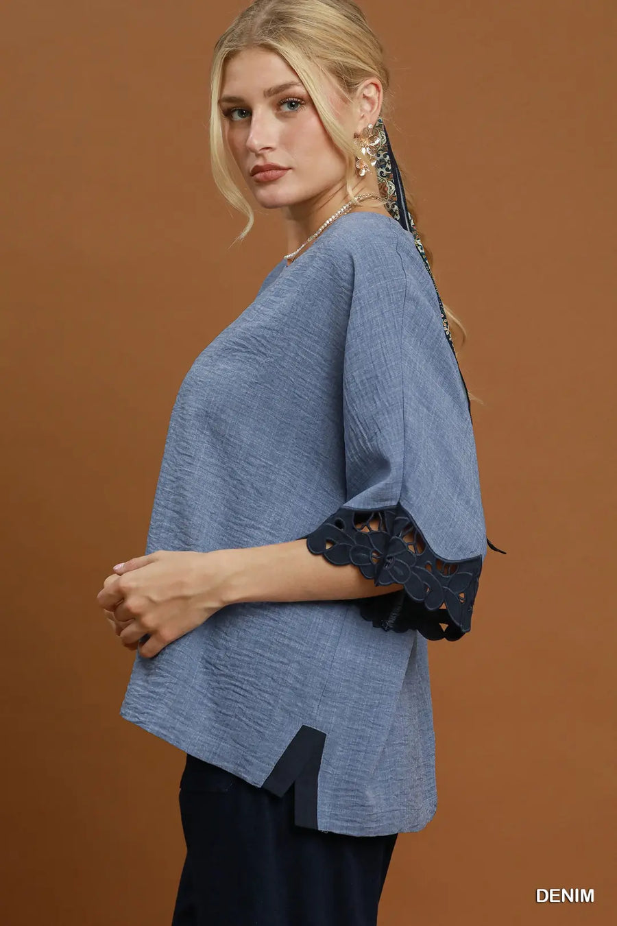 Darla Lace Trim Dolman Sleeve Denim Top